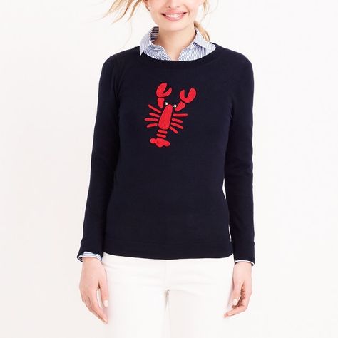 Embroidered lobster Teddie sweater Embroidered Lobster, Lobster Sweater, Jeweled Sweater, Pink Pullover Sweater, Navy Blue Sweater, Jcrew Sweater, Hem Sweater, Summer Sweaters, Long Pullover