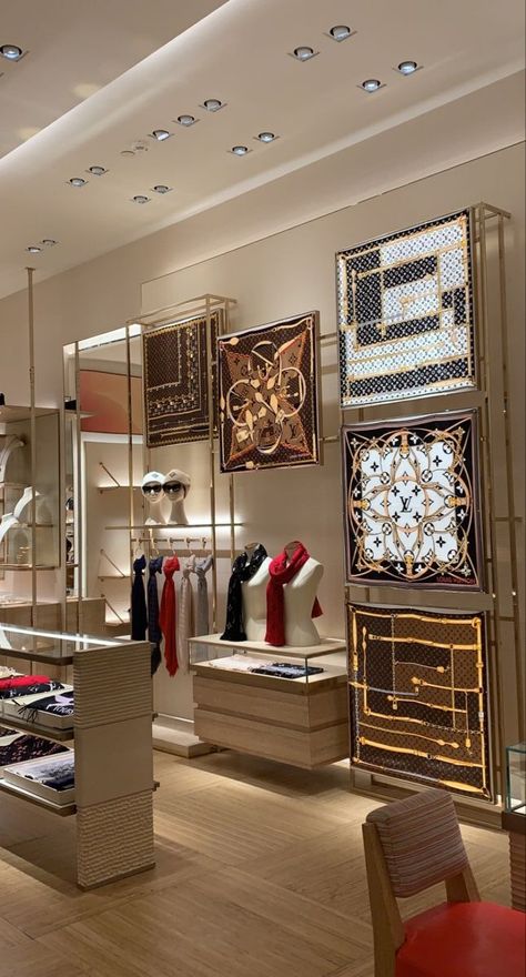 Lv Store Interior, Hijab Shop Interior Design, Hijab Store Interior, Scarf Shop Design, Hijab Store Design, Louis Vuitton Store Interior, Display Rack Ideas, Luxury Retail Store, Hijab Shop