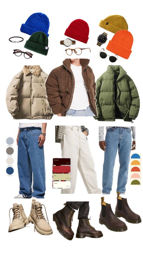 Collage with men winter outfits ideas, casual style, puffer jacket, wide jeans, vibrant color beanie, winter boots, men style accessories like watch and glasses, color palette inspiration Puffer Jacket Outfit Men, Winter Outfit Ideas Casual, Winter Outfits Casual Cold, Casual Style Men, Man Cold, Cold Weather Jackets, Puffer Jacket Outfit, Cold Weather Outfit, Outfit Ideas Casual