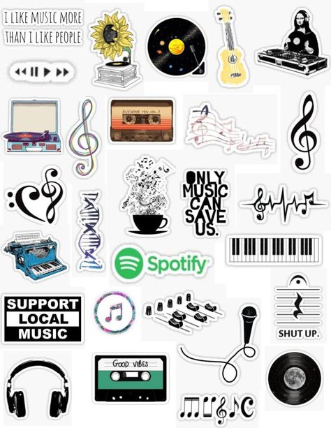 Music sticker pack aesthetic for editing overlays hydroflask free printable stickers musical art singing guitar band orchestra piano records dj sheet music treble clef bass clef notes headphones listening staff play playing music making music Music Aesthetic Stickers Printable, Stickers For Headphones Printable, Back Phone Stickers, Arts Stickers Printable, Mapeh Stickers Printable, Headphone Stickers Printable, Sticker Guitar Aesthetic, Aesthetic Art Stickers, Cute Stickers For Headphones