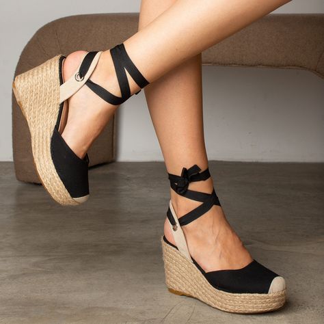 Black Espadrilles Wedges, Womens Espadrilles Wedges, Heeled Espadrilles, Black Platform Heels, Platform Espadrilles, Stylish Sandals, Black Platform, Platform Wedge, Wedge Espadrille