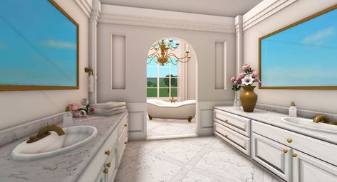 Bloxburg Fancy Bathroom Ideas, Bloxburg Royal Bedroom Ideas, Bloxburg Hotel Bathroom Ideas, Bloxburg Bathroom Inspiration, Big Bathroom Bloxburg Ideas, Bathroom Layout Bloxburg, Bloxburg Luxury Bathroom Ideas, Bloxburg Jack And Jill Bathroom, Bloxburg Bathroom Ideas Simple