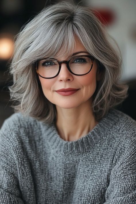 22. Layered Bob with Bangs in Smoky Gray (Hairstyles For Women Over 60 With Glasses) - Hairstyles For Women Over 60 With Glasses Gray Hairstyles For Women, Shoulder Length Hair With Bangs, Grey Hair With Bangs, Trendy Short Hairstyles, Gray Hairstyles, Layered Bob With Bangs, Older Women's Hairstyles, Rectangular Glasses, Soft Bangs