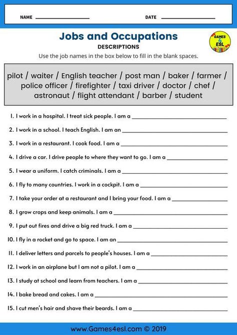 Esl Jobs And Occupations, Job Description Worksheet, Write About Yourself Worksheet, Esl Worksheets Intermediate, Jobs Worksheets For Kids, Occupation Worksheet, English Lessons For Beginners, Jobs In English, Jobs Worksheet