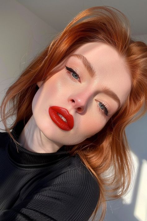 Ginger Girl Makeup, Ginger Makeup Looks Blue Eyes, Makeup Looks For Gingers, Make Up For Red Hair Girl, Eye Makeup For Redheads, Red Lipstick For Redheads, Makeup For Red Heads, Ginger Makeup Looks, Red Hair Blue Eyes Makeup