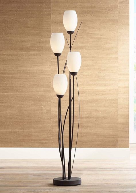 Modern Floor Lamp 4-Light Tree Ginger Black Tulip White Cased Glass Shades for Living Room Bedroom Uplight - Franklin Iron Works - - AmazonSmile Extra Tall Floor Lamp, Modern Cottage Style, Tall Floor Lamps, Stylish Floor Lamp, Ginger Black, Tree Floor Lamp, Photography Interior, Light Decor, Tall Lamps