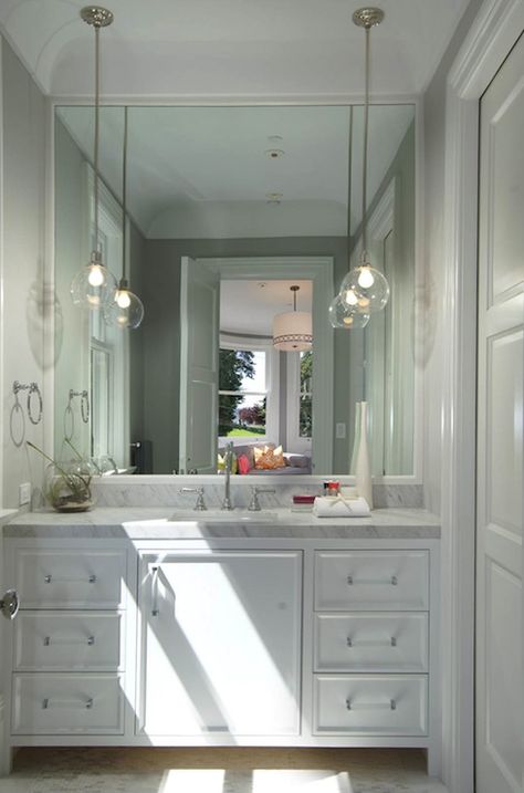 Pendant lighting for bathroom vanity. A different take on typical lighting. #bathrooms #lighting #vanity Bathroom Ceilings, Built In Vanity, Bath Inspiration, Lighting Tips, Bathroom Pendant, Bathroom Pendant Lighting, Bathroom Ceiling, Lighting Pendant, White Vanity Bathroom