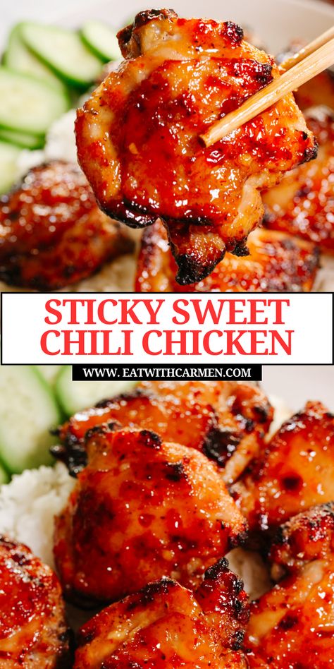 Enjoy the perfect blend of sweet and spicy with our Sticky Sweet Chili Chicken Thighs in Air Fryer recipe! Elevate your dinner game with these succulent chicken thighs, coated in a sticky and flavorful glaze. Indulge in the irresistible combination of sweet and spicy chicken, perfect for lovers of Asian-inspired cuisine. Whether you're a fan of spicy baked chicken or crave the bold flavors of spicy Korean chicken, this dish is sure to satisfy. Sweet Chili Chicken Thighs, Spicy Korean Chicken, Spicy Baked Chicken, Sweet Chilli Chicken, Sweet Chili Chicken, Sweet And Spicy Chicken, Korean Chicken, Chili Chicken, Spicy Korean