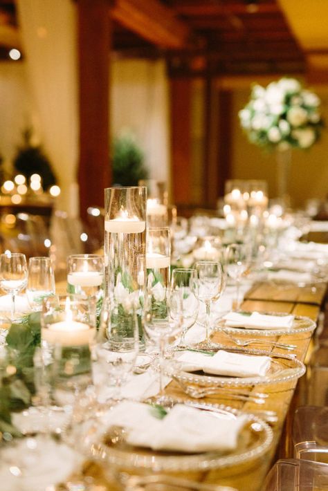 Candles For Reception Tables, Candle Long Table Centerpiece, Winter Wedding Floating Candles, Floral And Candle Table Decor, Wedding Table Floating Candles, Wedding Table Scape With Candles, Farm Table Centerpiece Wedding, Farm Table Wedding Tablescape, Candle Tablescapes Wedding