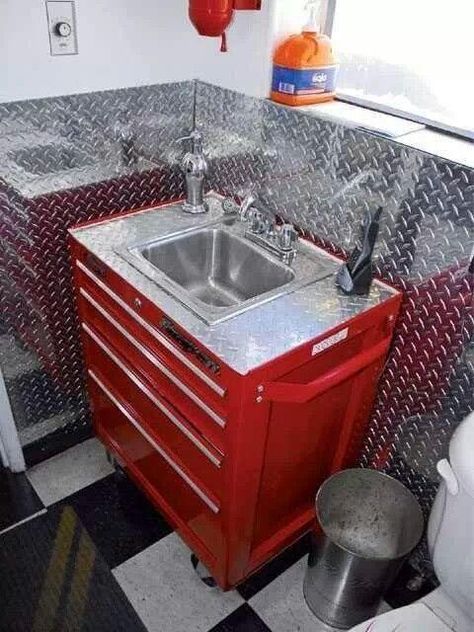 Complete Your Garage Living Space With a Functional Bathroom - KnockOffDecor.com Garage Aesthetic, Toilette Design, Garage Bathroom, Custom Sinks, Man Cave Bathroom, Workshop Tools, Mechanic Garage, Interior Vintage, Garage Shop