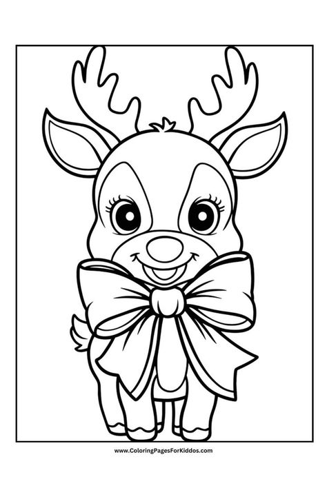 A smiling reindeer with a big bow tied around its neck. Christmas Pictures To Color Printable, Free Printable Coloring Pages Christmas, Reindeer Coloring Pages Free Printable, Santa Coloring Pages Free Printable, Christmas Reindeer Drawing, Simple Christmas Coloring Pages, Free Christmas Coloring Pages Printables, Christmas Coloring Sheets Free Printable, Grinch Coloring Pages Free Printable