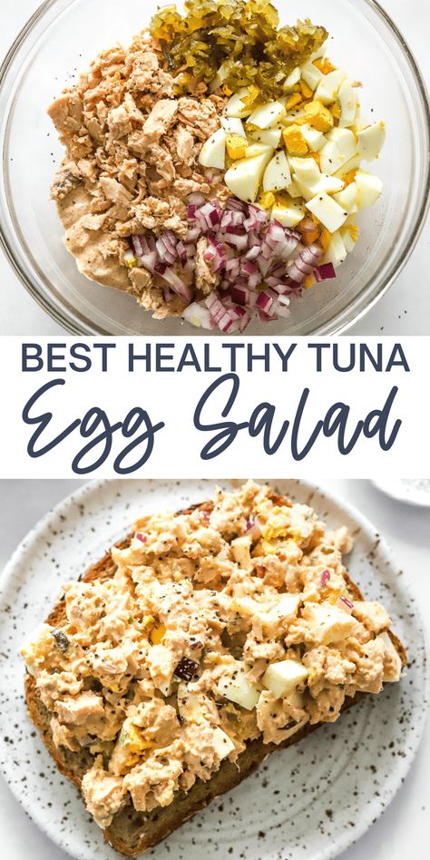 This healthy Tuna Egg Salad has quickly become my favorite choice for a high-protein lunch or snack since it is so satisfying and nutritious. It's a wonderful blend of tuna and egg salad, tossed in a creamy, flavorful dressing that's enriched with pickle relish and crisp red onion. It's perfect for those following Paleo, low-carb, gluten-free, dairy-free, or Whole30 diets. Tuna And Egg Salad Sandwich, Tuna Healthy Salad, Artichoke Tuna Salad, Healthy Tuna Egg Salad, Healthy Tuna Recipes Clean Eating, Healthy Tuna Breakfast, Tuna Egg Salad Recipe Healthy, Tuna And Veggies, Tuna Snacks Healthy