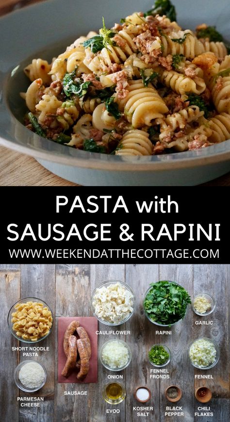 Sausage Cauliflower Pasta, Sausage And Rapini Pasta, Rapini Sausage Pasta, Rapini Recipes Italian, Rapini Pasta, Rapini Recipes, Sausage Cauliflower, Delicious Entrees, Sausage Parmesan