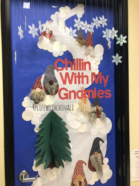 Door I designed and did for my sons classroom.Winter theme with homemade gnomes. Christmas Gnome Village Ideas, Winter Classroom Doors Ideas, Gnome Door Decorating Contest, Christmas Door Decorations Gnomes, Gnome Christmas Door Decorating Contest, Christmas Gnome Door Decoration School, Winter Themed Door Decorations Classroom, Chillin With My Gnomies Classroom Door, Gnome Christmas Door Decoration