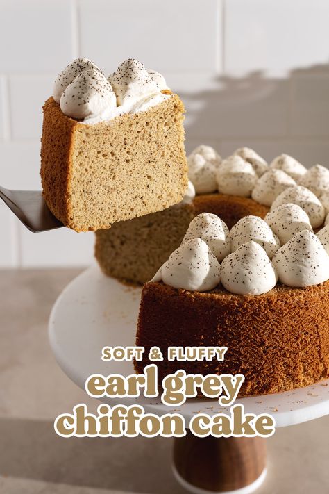 This earl grey chiffon cake is perfectly soft and fluffy. It's infused with strong earl grey flavour with whipped cream on top to complete it! #earlgrey #chiffoncake | teakandthyme.com Earl Grey Chiffon Cake Recipe, Earl Grey Whipped Cream, Earl Grey Chiffon Cake, Chiffon Cake Decoration, Fun Cheesecake, Fun Cheesecake Recipes, Earl Grey Cake, Selling Ideas, Tiny Cakes