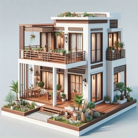 Charming, multi-story house design model with a modern architectural style. The house features a white exterior with brown wooden accents, including doors, window frames, and railings. The layout includes a spacious wooden deck on the ground floor, surrounded by potted plants. The second floor has a balcony with additional greenery and a small seating area. The house is surrounded by various plants, adding to its cozy and inviting atmosphere. - Image Creator von Microsoft Designer Sims 4 Small Floor Plans, 3 Story Small House Design, Small Modern House Layout, Sims Balcony, Modern House Ideas Exterior, Sims Vacation House, Plant House Exterior, Vacation Home Layout, Cozy Exterior House