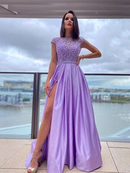 Vestido Color Lila, Dresses With Beading, Sweep Train Prom Dress, 2021 Prom Dresses, Chic Gowns, Floor Length Prom Dresses, A Line Prom Dresses, Dresses Ideas, Prom Dresses Lace