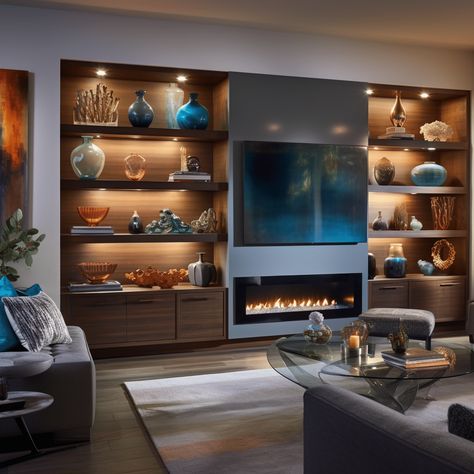 Fireplace With Built In Desk On One Side, Built In Tv Wall Unit With Fireplace, Built In Shelves Living Room Decorating, Bookshelf Arrangement, Built Ins Around Fireplace, Style A Fireplace, Fireplace With Built Ins, Desk Shelving, Sf House