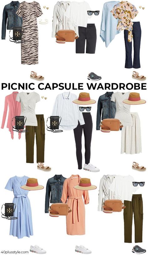 Picnic capsule wardrobe | 40plusstyle.com Clothes For Picnic, Picnic Outfit Ideas Casual Jeans, Company Picnic Outfit, Picnic Outfit Ideas Casual, Picnic Outfit Ideas, Picnic Outfit Summer, Picnic Brunch, Picnic Outfit, Outfit Ideas Casual