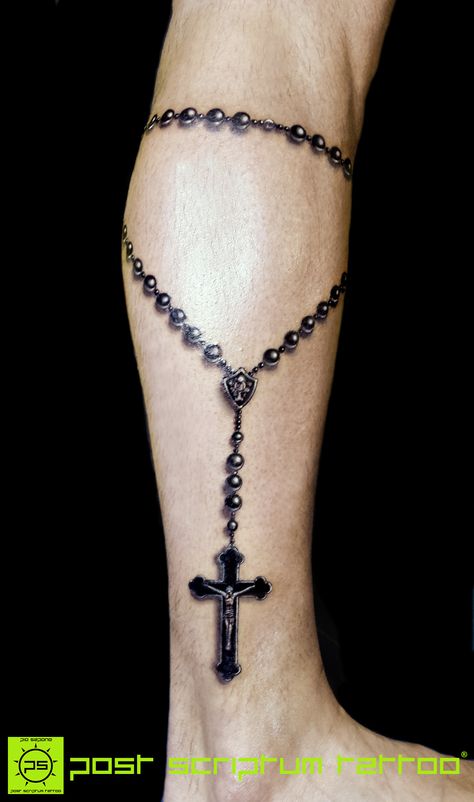 Rosary Design Tattoo, Rosary Tattoo On Leg, Rosary Neck Tattoo, Rosary Leg Tattoo, Rosario Tattoo Design, Rosery Beads Tattoo, Rosary Tattoo For Men, Rosary Tattoo Stencil, Cross Necklace Tattoo