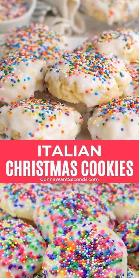 Our Classic Italian Christmas Cookies are tender, cakey, and not too sweet. Bakery quality- Nonna approved. Gorgeous on your Christmas cookie tray! Cookies With Sprinkles, Anise Cookies, Xmas Desserts, Italian Christmas Cookies, Italian Cookie Recipes, Delicious Christmas Cookies, Easy Christmas Cookie Recipes, Cookies Easy, Italian Christmas