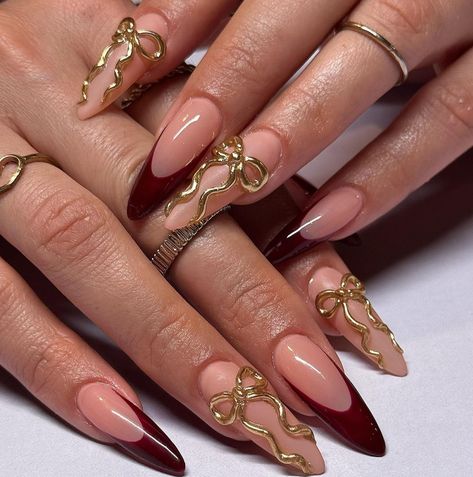 Unique Birthday Nails, Red And Gold Nails, Maroon Nails, Girly Acrylic Nails, Classy Acrylic Nails, Prom Nails, Classy Nails, Funky Nails, Pretty Acrylic Nails