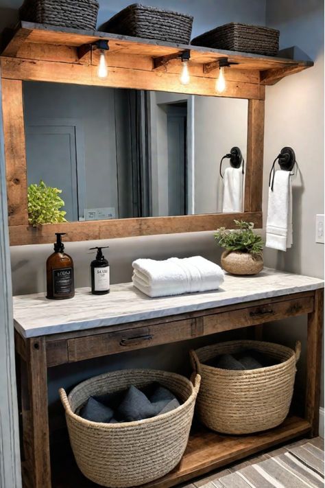 Farmhouse-style bathroom vanity with a distressed paint finish and open shelving Vanity Outside Of Bathroom, Farmhouse Vanity Ideas, Diy Farmhouse Vanity, Farm Bathroom Ideas, Upcycled Bathroom Vanity, Diy Rustic Bathroom Vanity, Farmhouse Guest Bathroom, Diy Rustic Bathroom, Farmhouse Style Bathroom