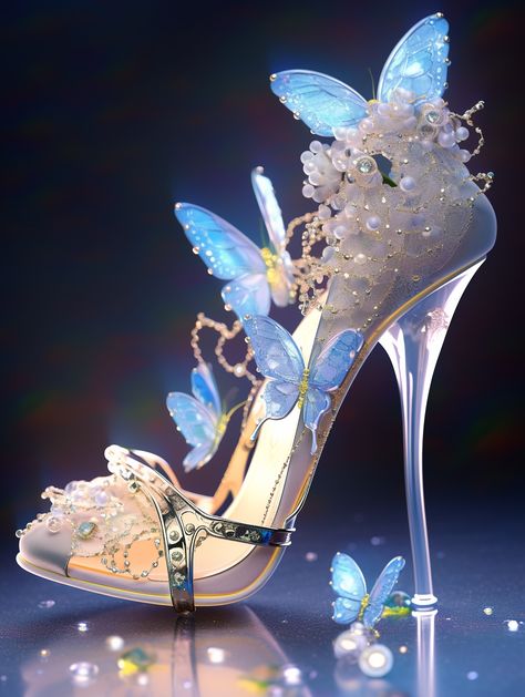 Prom Shoes High Heels Elegant, Fantasy Wedding Shoes, Heals Aesthetics, Blue Prom Heels, Quince Shoes Heels Butterfly, Butterfly Heels Aesthetic, Anime Heels, Elegant Wedding Shoes Brides, Blue High Heels Aesthetic