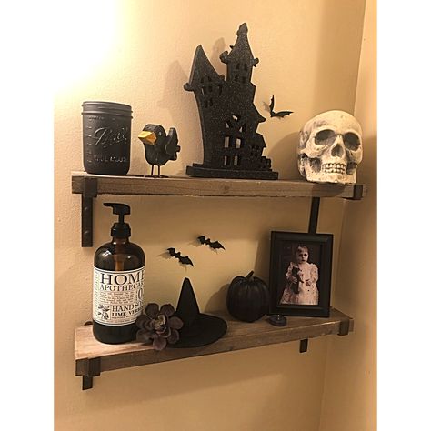 Guest Bathroom Halloween Decor, Spooky Halloween Bathroom Decor, Halloween Restroom Decor, Halloween Decor Bathroom, Halloween Bathroom Ideas, Bathroom Halloween Decor, Skeleton Bathroom, Halloween Shelf Decor, First Apartment Together