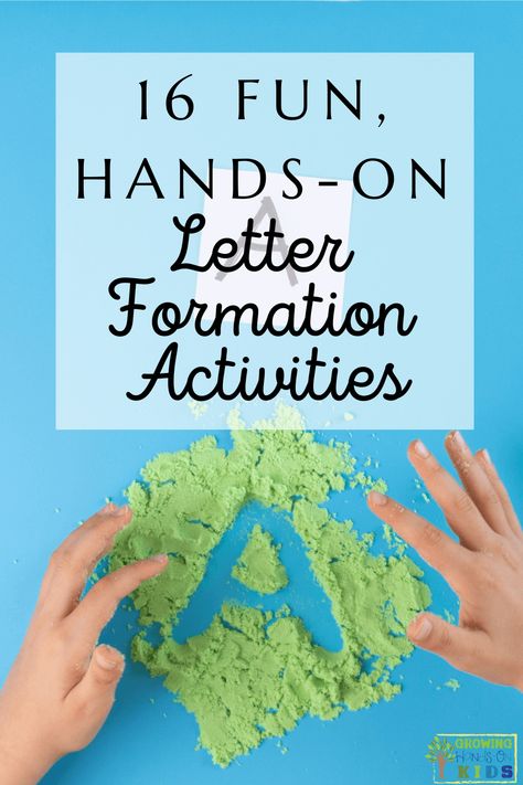 A child using fingers to make the capital letter A in green sand on a blue table. The letter A is on a white paper square at the top. White text overlay with black text at the top says "16 Fun, Hands-On Letter Formation Activities." Letter Formation Activities, Sand Writing, Early Childhood Literacy, Handwriting Books, Handwriting Activities, Sensory Activities Toddlers, Write Letters, Gross Motor Activities, Pediatric Therapy