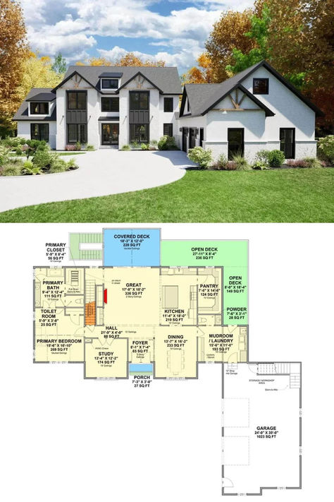 Transitional 5-Bedroom New American Home with Balcony and Lower Level Expansion (Floor Plan) Small 5 Bedroom House Plans, Floor Plans 5 Bedroom, Home With Balcony, Mansion Floor Plan, Bedroom Cabin, Architectural House Plans, American Home, Wrap Around Porch, Floor Layout