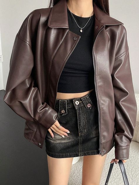 Chocolate Brown Casual Collar Long Sleeve PU Leather Plain Other Embellished Non-Stretch  Women Clothing Chocolate Brown Clothes, Baggy Brown Leather Jacket Outfit, Brown Leather Long Sleeve Jacket, Simple Leather Jacket, Cherry Leather Jacket, Chocolate Brown Outfit, Summer Jackets For Women, Lether Girl Jacket Outfit Brown, Chocolate Outfit