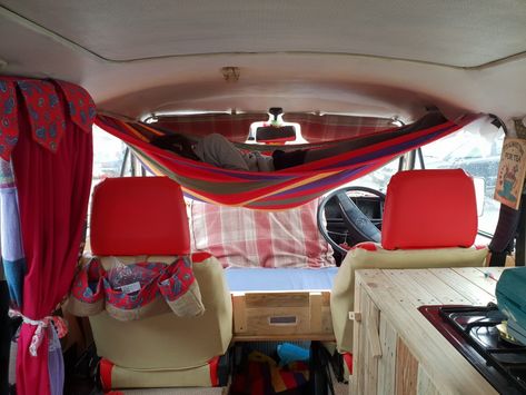 Cab bunk and hammock in our VW T3 T25 campervan conversion.   #campervaninterior #hammock #cabbunk Hammock In Van, Campervan Hammock, T25 Campervan, Car Hammock, Self Build Campervan, Ducato Camper, Kangoo Camper, Suv Camper, Camper Interior Design