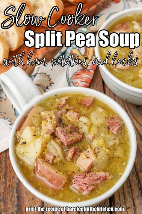 Slow Cooker Split Pea Soup, Split Pea Soup Crockpot, Ham And Potatoes, Gf Soups, Split Pea Soup With Ham, Pea Soup With Ham, Corn Fritter, Ham Bone Soup, Soup With Ham