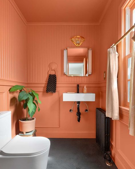 Coral painted bathroom with large green leafy plant Coral Panelling, Coral Wall Paint, Jungalow Bathroom, Eclectic Maximalist Bedroom, Maximalist Bedrooms, Coral Bathroom, Massachusetts Home, Painted Bathroom, Coral Walls