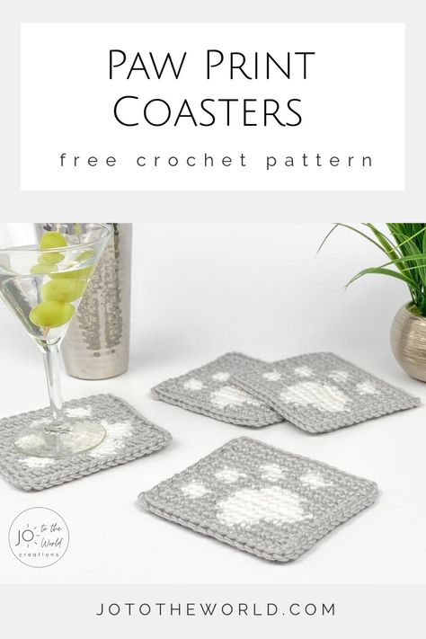 Here’s a paw-fect crochet gift idea…Paw Print Crochet Coasters! It’s a fun, quick, easy free pattern and tutorial, great for beginners. Learn how to crochet coasters and change colors in crochet (colorwork) with this simple square coaster set that makes a wonder-fur DIY gift for men, women, friends - any pet/animal lover! Crochet Coaster Set With Holder Free Pattern, Gift Ideas For Women Friends, Paw Print Crochet, Diy Gift For Men, Crochet Gift Ideas For Women, Crochet Colorwork, Paw Print Pillow, Paw Crochet, Pillow Cover Crochet Pattern