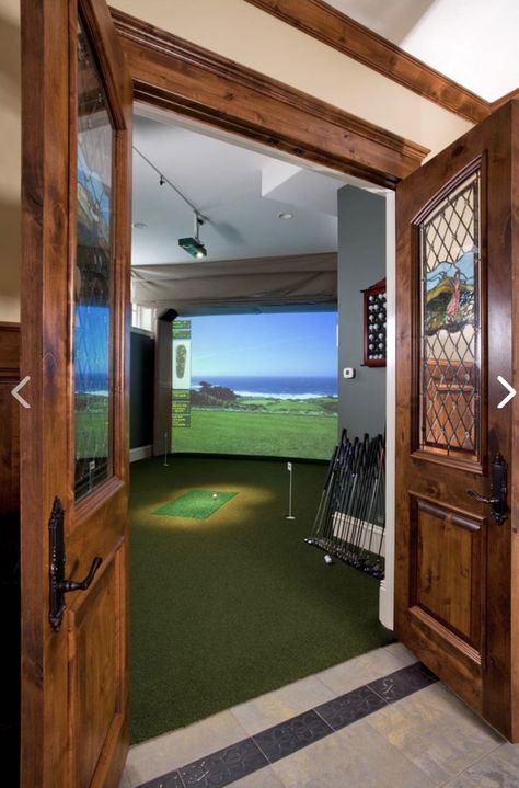 Clubhouse Interior, Golf Course Clubhouse, Rustic Chic Bedroom, Home Golf Simulator, Golf Pro Shop, Golf Simulator Room, Golf Room, Golf Simulator, Golf Decor