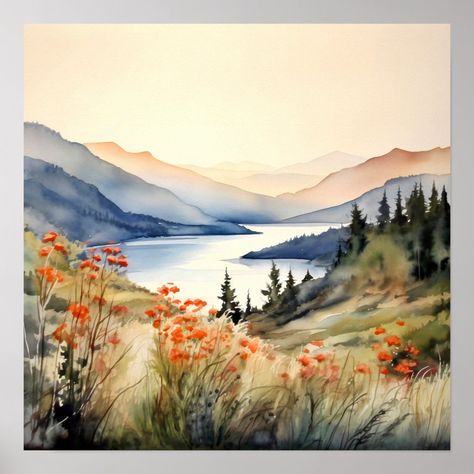 Mountain Landscape Watercolor Painting Art Print. Mountain Range Watercolor, Large Watercolor Painting Ideas, Watercolor Art Landscape Tutorial, Watercolor Ideas Landscape, Scenery Watercolor Paintings, Watercolor Sceneries, Metallic Watercolor Painting Ideas, Creativity Boosters, Water Colour Landscape