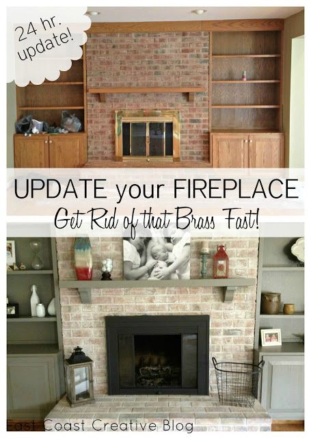 Fireplace makeover including painted mantel and shelves, white washed brick and spray painted brass surround Fireplace Redo, Garage Update, Fireplace Update, White Wash Brick, Real Estat, Fireplace Remodel, Hur Man Målar, After Pictures, Fireplace Makeover