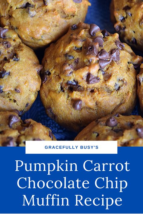 Delicious healthy-ish snack: pumpkin carrot chocolate chip muffin recipe Chocolate Chip Muffin, Easy Donuts, Chocolate Chip Muffin Recipe, Healthy Breakfast Muffins, Homemade Muffins, Homemade Donuts, Muffin Recipe, My Recipes, Baked Dessert Recipes