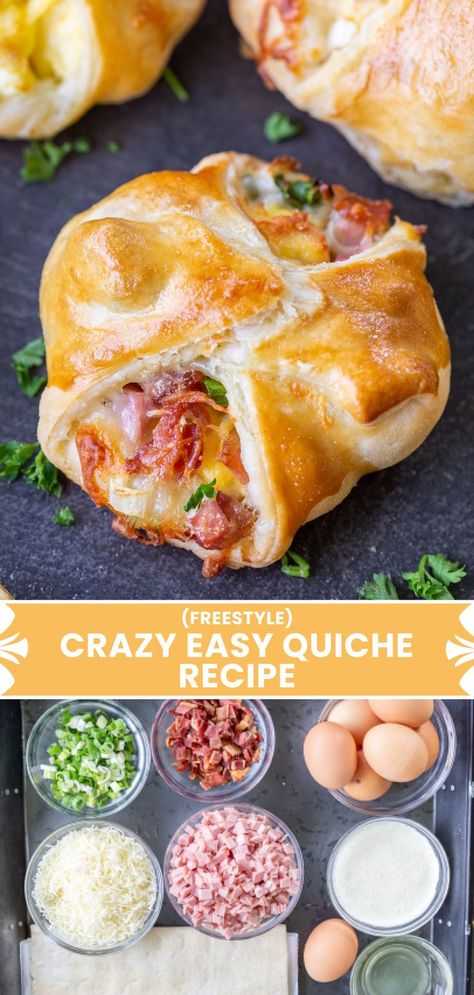 Easy Make Ahead Quiche, Quiche Meal Ideas, Puff Pastry Breakfast Recipes Bacon Egg, Pastry Puff Breakfast Recipes, Breakfast Handhelds, Handheld Breakfast Ideas, Puff Pastry Quiche Recipes, Eggs For A Group, Crescent Roll Quiche