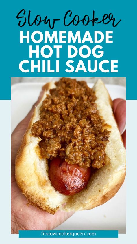 This slow cooker homemade hot dog chili sauce is a delicious topping for hot dogs. This sweet chili combines ground beef, ketchup, onion, and simple seasonings, for a delicious hot dog condiment. This is so easy to make because the crockpot does all the work.  Instructions to make this easy, hot dog chili in the Instant Pot are also included. How To Make Hot Dog Chili, Crockpot Hot Dog Chilli, Easy Hot Dog Sauce, Hot Dog Chili Recipe Easy Crockpot, Slow Cooker Hot Dog Chili, Coney Dog Sauce Crock Pot, Crockpot Chili For Hotdogs, Homemade Chili Dog Sauce, Meat Sauce For Hot Dogs