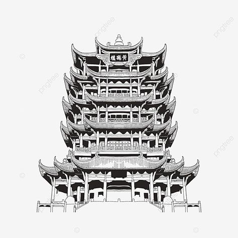 Yellow Crane Tower, Chinese Painting Style, Tower Drawing, Wing Drawing, Drawing Scenery, Drawing Png, Scene Drawing, Lijiang, Building Drawing