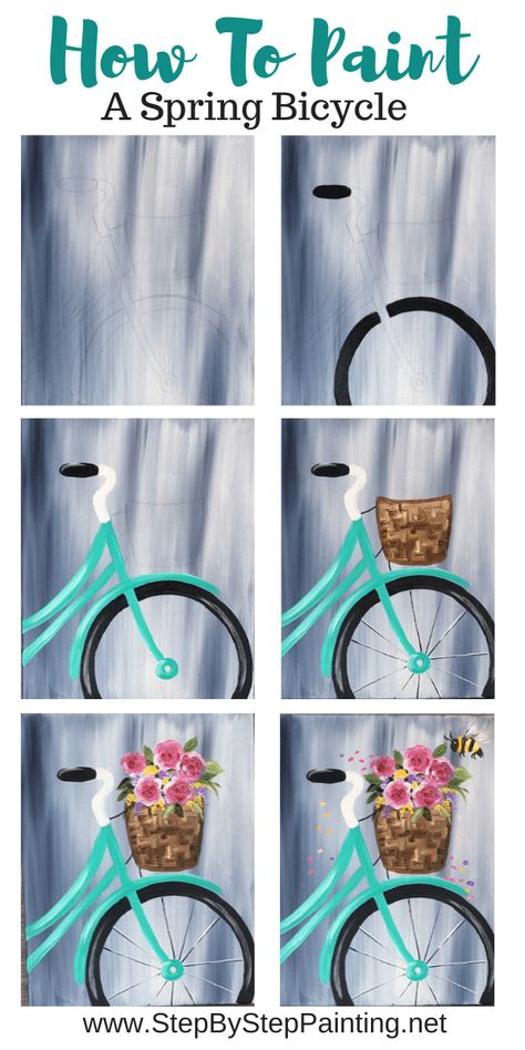 Spring Bicycle Painting - Step By Step Painting Learn how to paint a bicycle on canvas with flowers and a gray wash background. This is an easy step by step canvas painting tutorial with a traceable. #traciekiernan #stepbysteppainting Bicycle Painting Canvas, Spring Bicycle Painting, Bicycle Acrylic Painting, Paint Nite Ideas Step By Step Easy, Canvas Painting Ideas Step By Step, Step By Step Canvas Painting Easy Videos, Paint Nite Step By Step, Spring Paint Party Ideas, How To Paint Canvas Step By Step