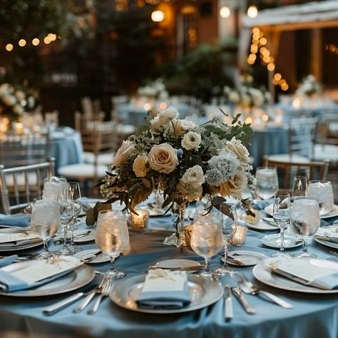 3+ Dusty Blue Wedding Theme Inspirations and Ideas • 333+ Art Images Blue Wedding Theme Centerpieces, Dusty Blue Wedding Theme, Royal Blue Wedding Theme, Wedding Table Set, Elegant Floral Arrangements, Inspiring Lifestyle, Blue Wedding Theme, Wedding Themes Summer, Wedding Theme Inspiration