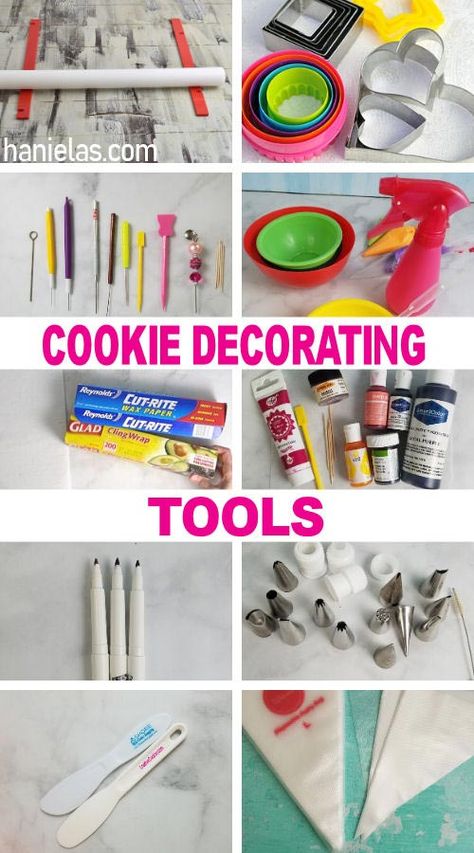 Ultimate list of Cookie Decorating Tools Fancy Cookie Decorating, Tips For Cookie Decorating, Tips For Decorating Sugar Cookies, Cookie Decorating How To, Supplies For Cookie Decorating, Beginner Cookie Decorating Ideas, Cookie Decorating Classes, Royal Icing Tools, Beginner Cookie Decorating