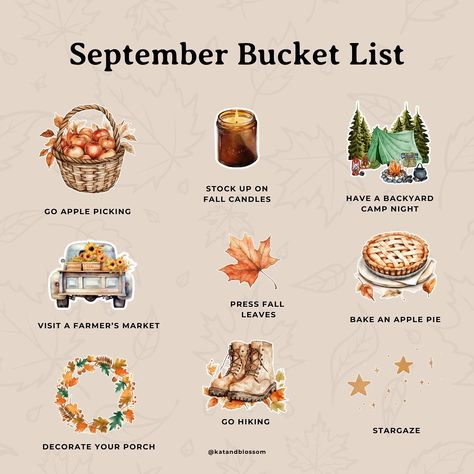 🍁☕️🧣What’s on your bucket list? 👉Follow @katandblossom . . . . . #cozyvibes #septembervibes #fallbucketlist #cozycore #cozygram #fallcozy #cozyautumn #cozypost #fallpost #bucketlistideas #bucketlistgoals #fallthings #fallfeels #fallcore #fallgram #september #septemberbucketlist #cozyliving #slowliving #fallseason #falltime #fallideas #itsfallyall #applepicking #campfires #falldecorating #fallporchdecor #pumpkincarving #pumpkinseason #cozyseason September Bucket List, Autumn Motivation, Backyard Camping, Fall Bucket List, Fall Decorations Porch, Pumpkin Seasoning, Fall Feels, Go Hiking, Fall Candles