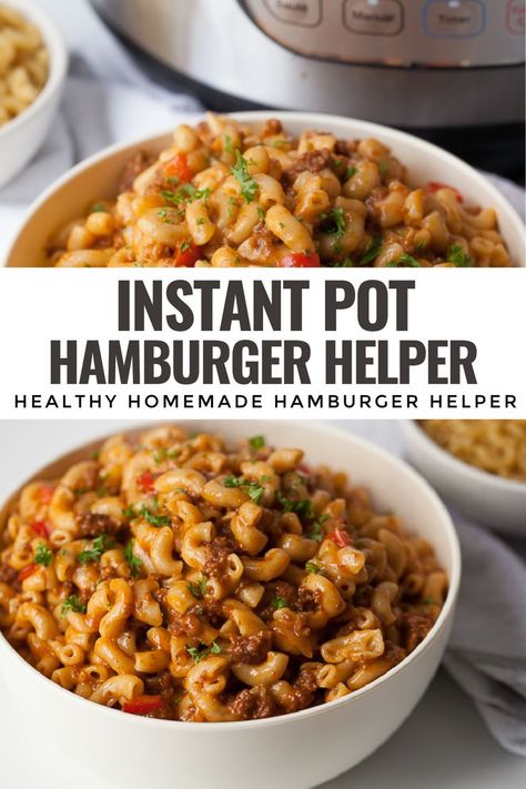 This easy recipe for Homemade Instant Pot Hamburger Helper will be your new favorite weeknight dinner. It’s made all in one pot and much healthier than traditional boxed hamburger helper or cheeseburger macaroni. It can also easily be made gluten free. Make this one pot pasta dinner today! Healthy Hamburger Helper Instant Pot, Gluten Free Pasta Crock Pot Recipes, Gluten Free Recipes For Dinner Instapot, Pressure Cooker Hamburger Helper, Gluten Free Pasta Instant Pot, Instapot Hamburger Helper Recipes, Homemade Hamburger Helper Instant Pot, Instant Pot Hamburger Helper Recipes, Instapot Recipes Gluten Free