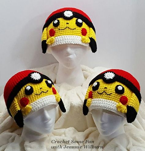 Pokemon Hat Crochet, Pikachu Hat, Pikachu Pokeball, Pikachu Crochet, Pokemon Hat, Crochet Character Hats, Crochet Pokemon, Hat Crochet Pattern, Crocheted Hats