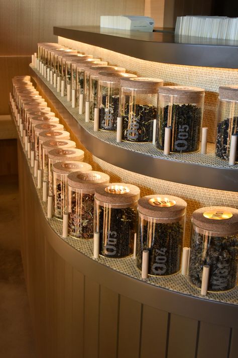 Small Tea interior design by Andee Hess featuring up close the scent station and some of our favorite teas... Tea Interior Design, Tea Store Design, Design Coffee Shop, Tea House Design, Coffee Display, Tea Display, Tea Lounge, Tea Cafe, Cafe Shop Design